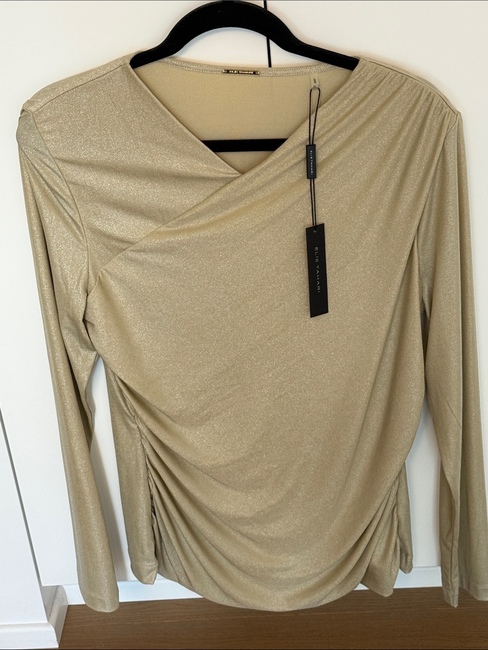Elie Tahari Metallic Gold Draped Long-Sleeve Top